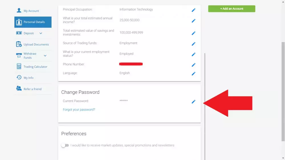 Changing AvaTrade password